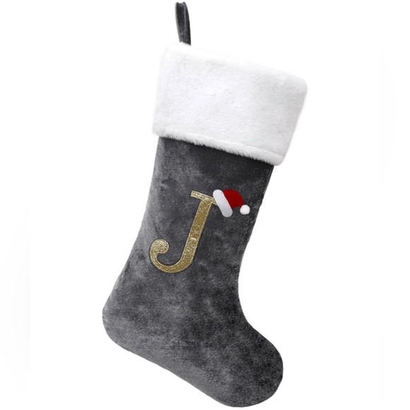 20 in Silver Gray Christmas Stocking with Gold J Monogram - Picture 1 of 1